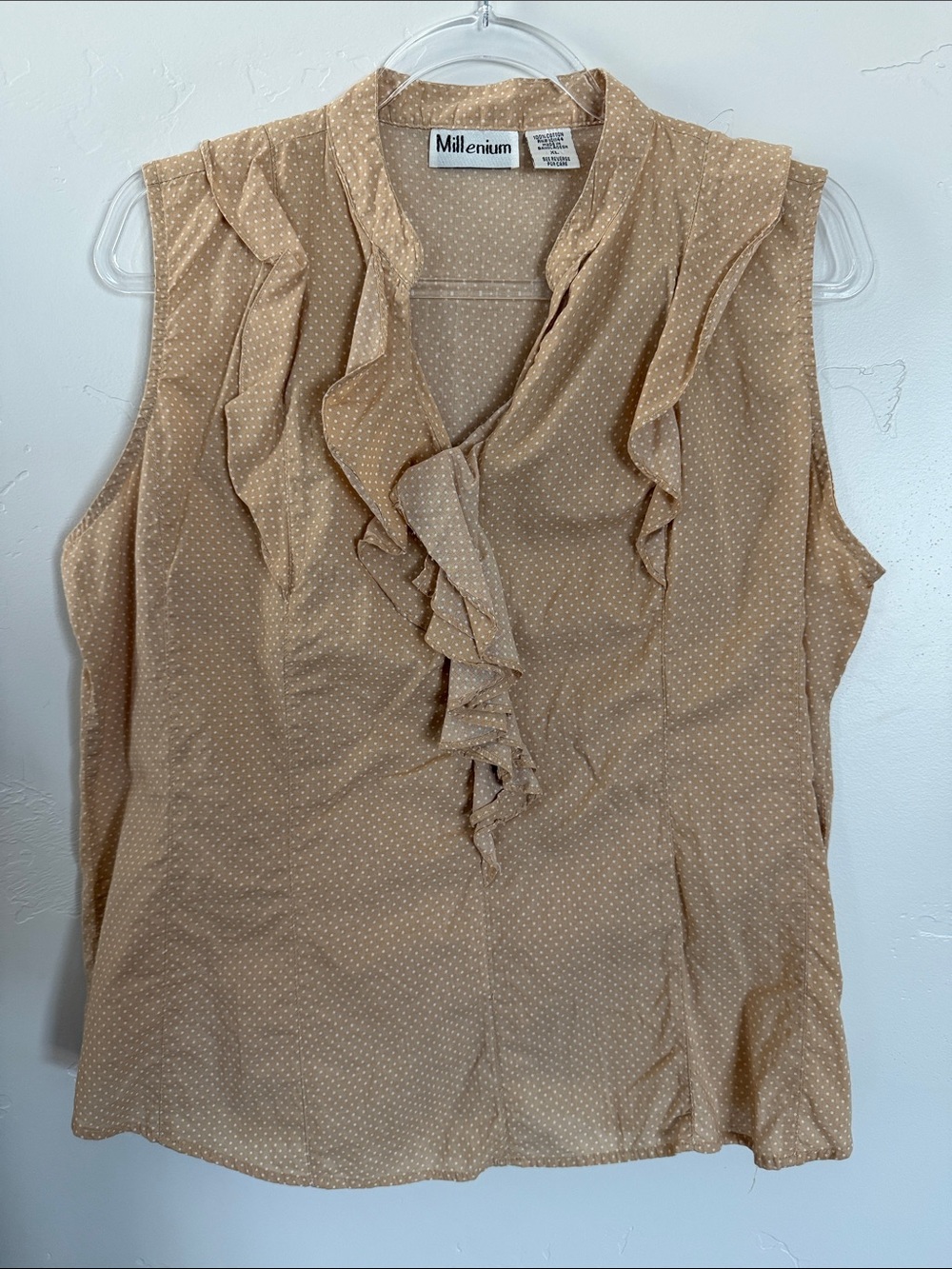 Millenium Sleeveless Cotton Ruffled Blouse - Light Beige Dot